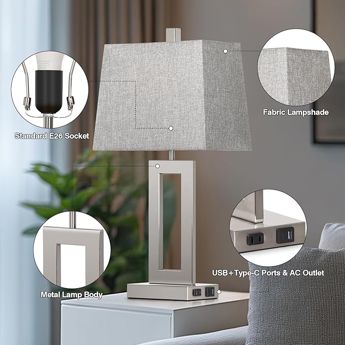 Touch Control Table Lamp Set of 2, Modern Silver Bedside Lamps with USB C+A Ports & AC Outlet, 3