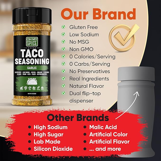 Taco Seasoning Mix Garlic Powder - Gluten Free & Low Sodium Mexican Seasoning Blend for Taco