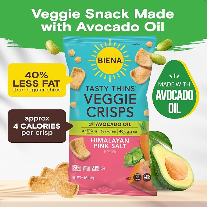 BIENA Tasty Thins Veggie Crisps - Made with Avocado Oil - Low Calorie Veggie Chips for Adults and
