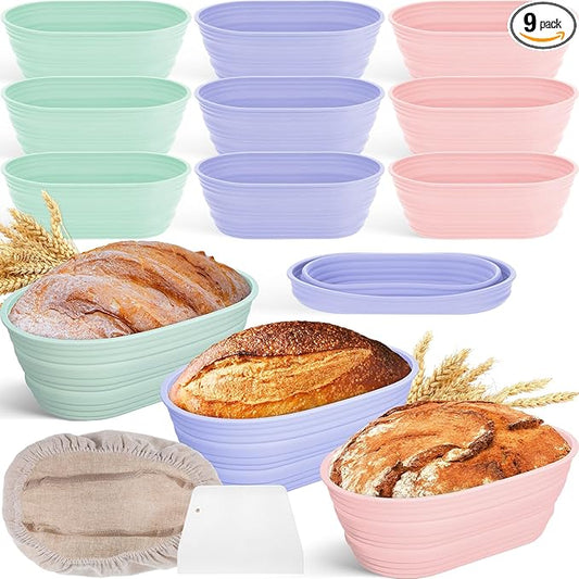Nuogo 9 Pack Oval Bread Proofing Basket Silicone 10 Inch Collapsible Sourdough Bread Baking