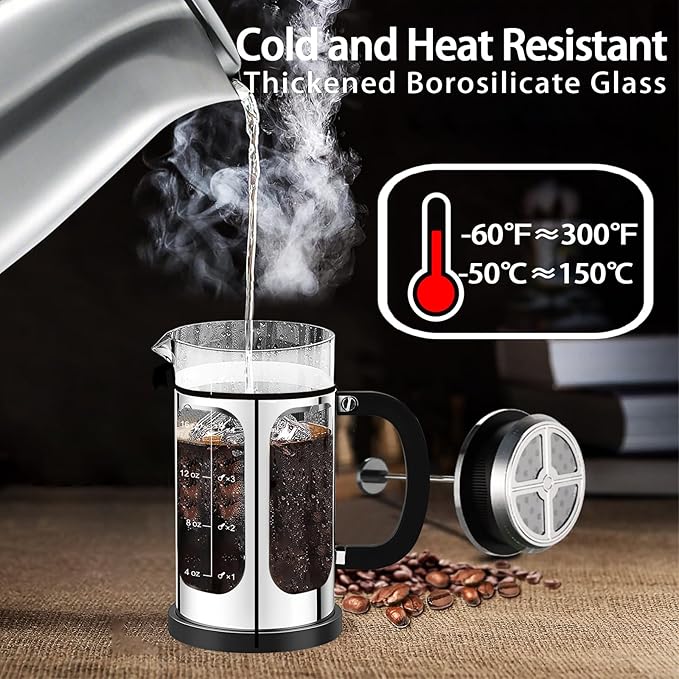 French Press Coffee Maker (21oz 600ML 3-4Cup) Coffee Press, with 4 Filters System, Heat Resistant