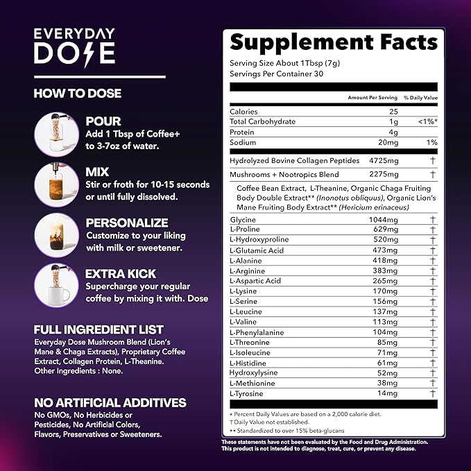Everyday Dose Premium Adaptogenic Mushroom Coffee with Grass-Fed Collagen, Chaga, Lions Mane &