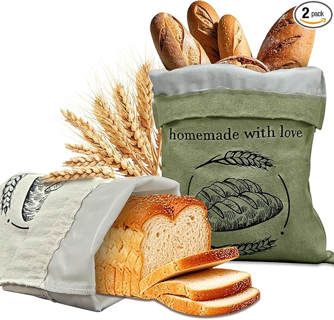 Linen Reusable Bread Bags for Homemade Bread & Sourdough - 2 Pack Breads Bags - 15x12 Inch