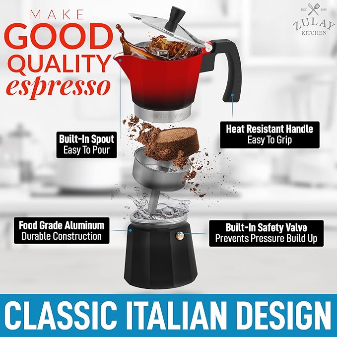 Zulay Kitchen Stovetop Espresso Maker - Moka Pot 3 Espresso Cups - Percolator Coffee Maker for