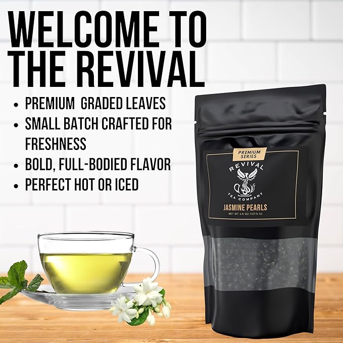 Revival Tea Company Jasmine Tea Pearls - Hand-Rolled Green Tea Scented with Jasmine Flowers - 4.5