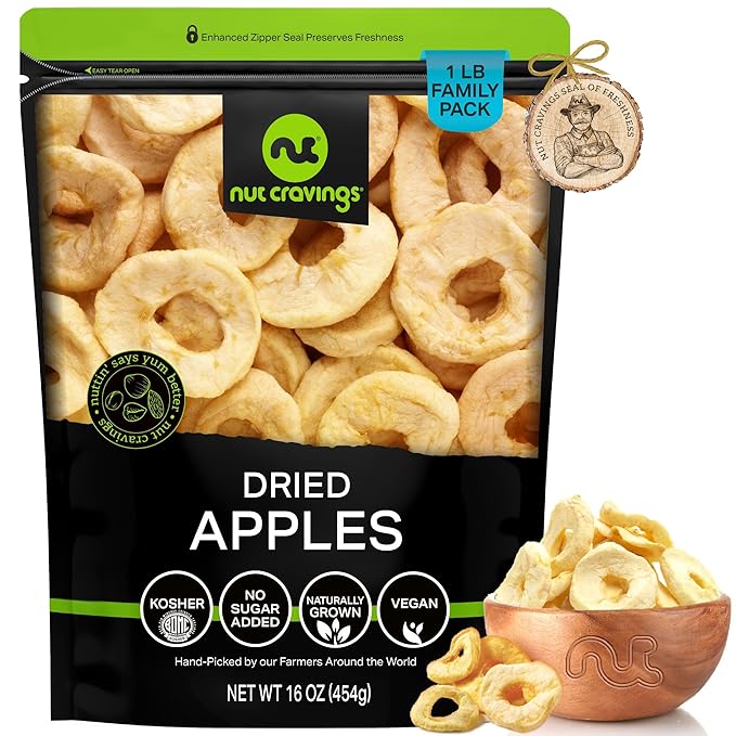 NUT CRAVINGS - Dried Apple Rings Slices, No Sugar Added - Chewy Soft Texture (16oz, 1 LB) Bulk Dry