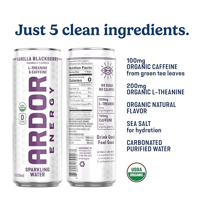 ARDOR ENERGY Sparkling Water with 100mg Natural Caffeine & 200mg L-Theanine from Organic Green Tea