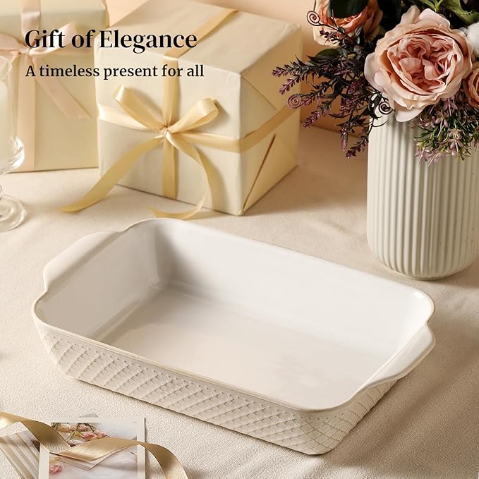 DOWAN 9x13 Deep Lasagna Baking Dish, Ceramic Casserole Dish for Oven, 4 Quarts Embossed Baking Pan