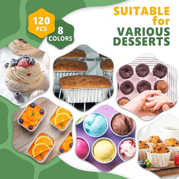 120 Pcs Aluminum Foil Baking Cups Mini Cake Pans with Lids 5 oz Cupcake Liners Disposable Muffin