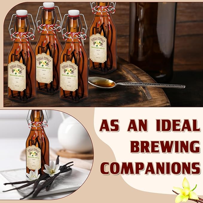 Uiifan 12 Pcs 8 oz Swing Top brown Square Glass Bottles for Vanilla Extract with Caps and Cotton