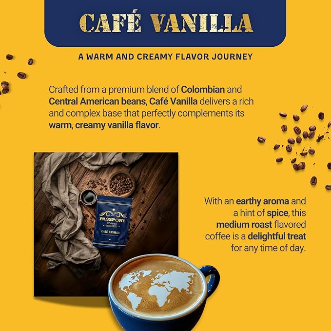 Passport Coffee Cafe Vanilla - Medium roast blend from Colombia & Central America with Rich vanilla