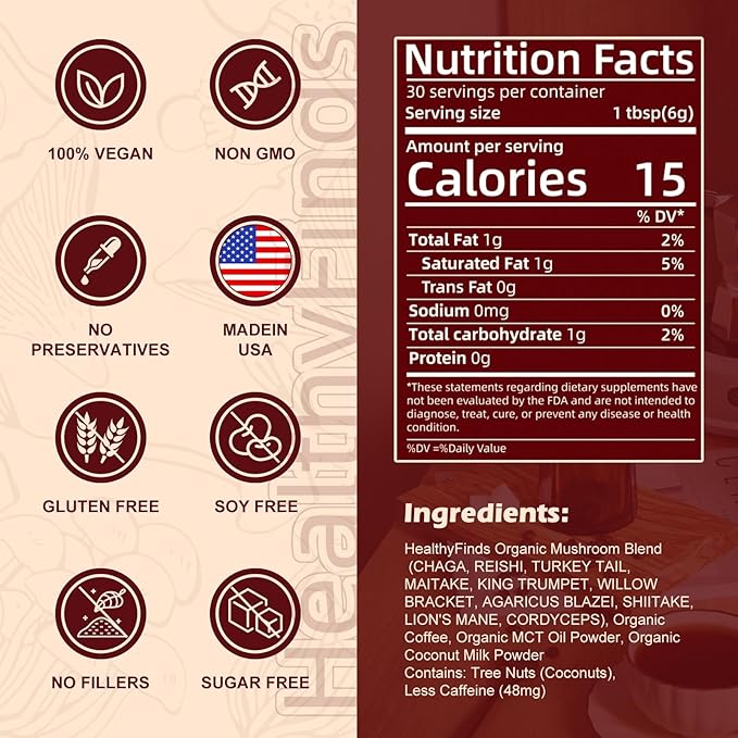 HealthyFinds Organic Mushroom Coffee Instant with 10 Superfood Mushrooms for Better Focus, Energy