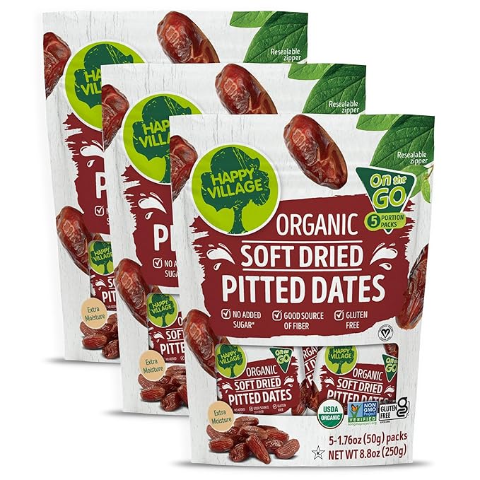 Happy Village Organic Soft Dried Pitted Dates On the Go – 3 Bags (15 Individual Portion Packs) |