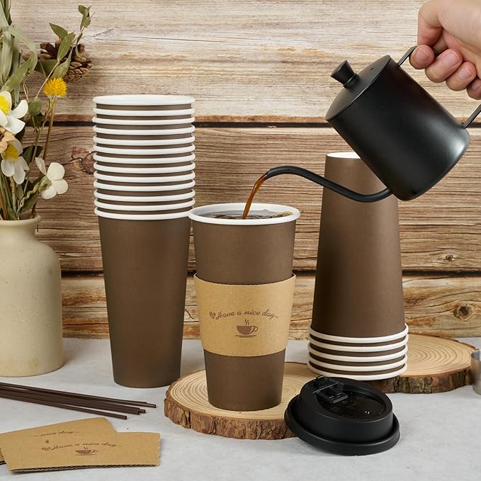 LITOPAK 100 Pack 20 oz Paper Coffee Cups, Brown Disposable Coffee Cups with Lids, Sleeves, Sticks