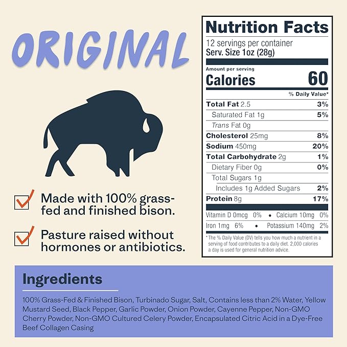 Patagonia Provisions Bison Sticks - Original | 100% Grass-Fed, 8g of Protein, 60 Calories | No