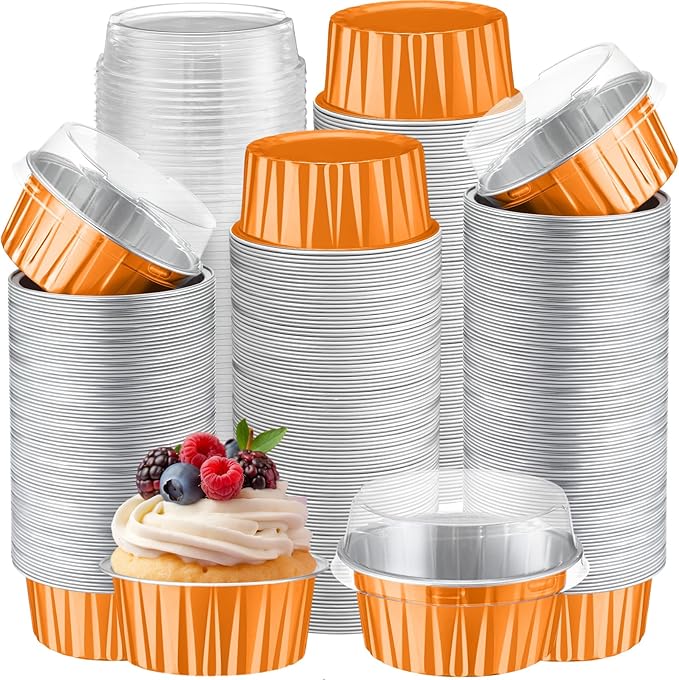 Gejoy 400 Pcs Aluminum Foil Baking Cups with Lids 5 oz Disposable Ramekins Mini Cake Pans Creme