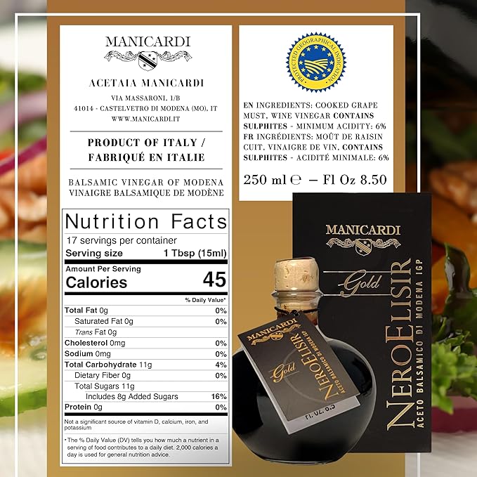 MANICARDI Balsamic Vinegar of Modena PGI - Dense Gold Elisir with Drip-Stop Dispenser Perfect for