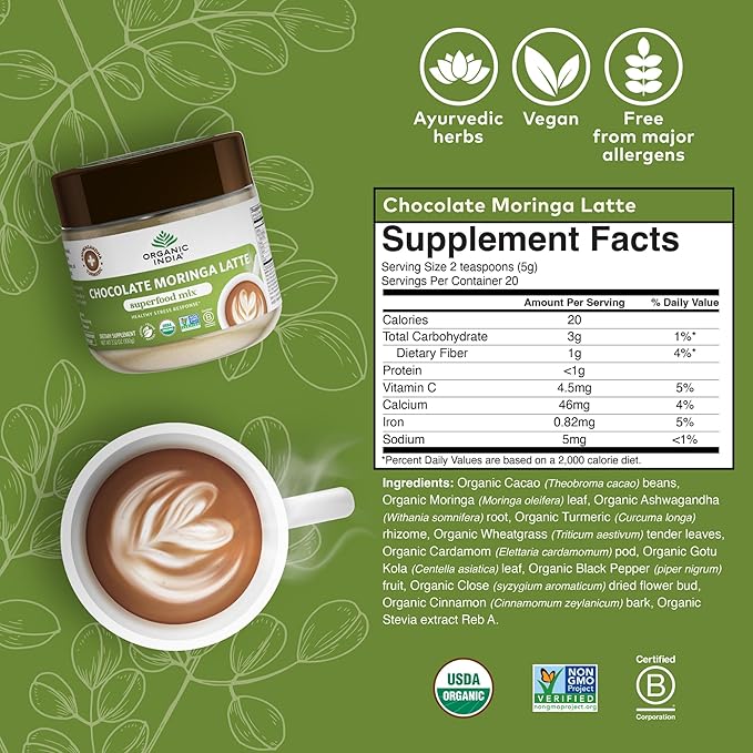 Organic India Chocolate Moringa Latte Powder - Superfood Mix, Moringa Leaf Tea, with Ashwagandha