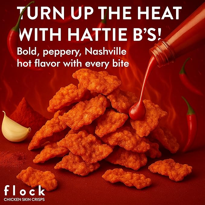 Flock Keto Chicken Skin Chips | Hattie B's Nashville Hot Flavor | Low Carb, High Protein, Sugar