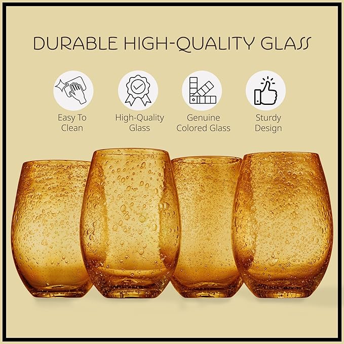 Artland Stemless Wine Glass, Set of 4 | Iris Seeded Design, Amber | Drinking Glass for Parties and