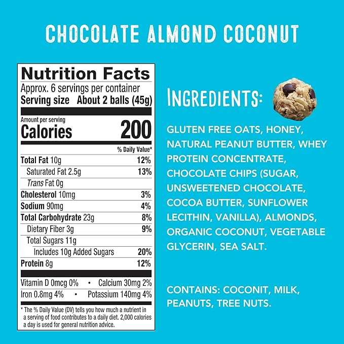 simplyFUEL Whole Food Protein Balls with Probiotics - Chocolate Almond Coconut Snacks - 8g Protein
