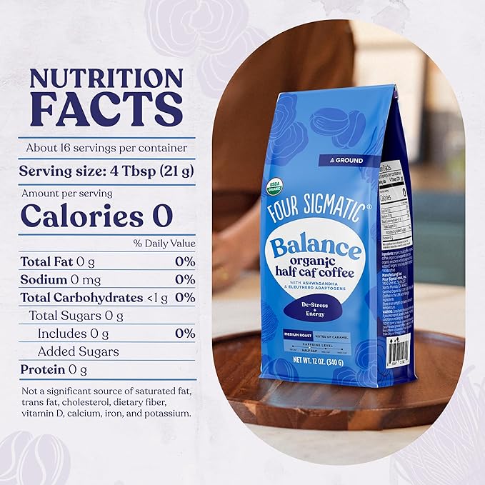 Four Sigmatic Organic Balance Adaptogen Ground Coffee | Medium Roast USDA Organic Coffee with