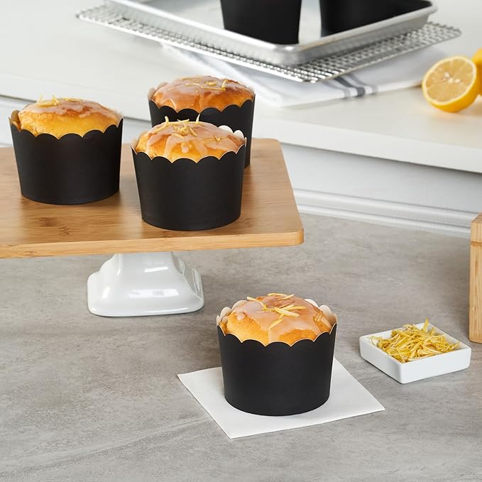 Panificio 10 Ounce Cupcake Wrappers, 200 Scalloped Baking Cups - Oven-Ready, Greaseproof, Black