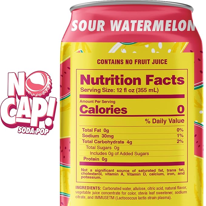 No Cap! Sour Watermelon, Postbiotic Soda, Healthy Soda Alternative, Zero Sugar, Zero Calorie