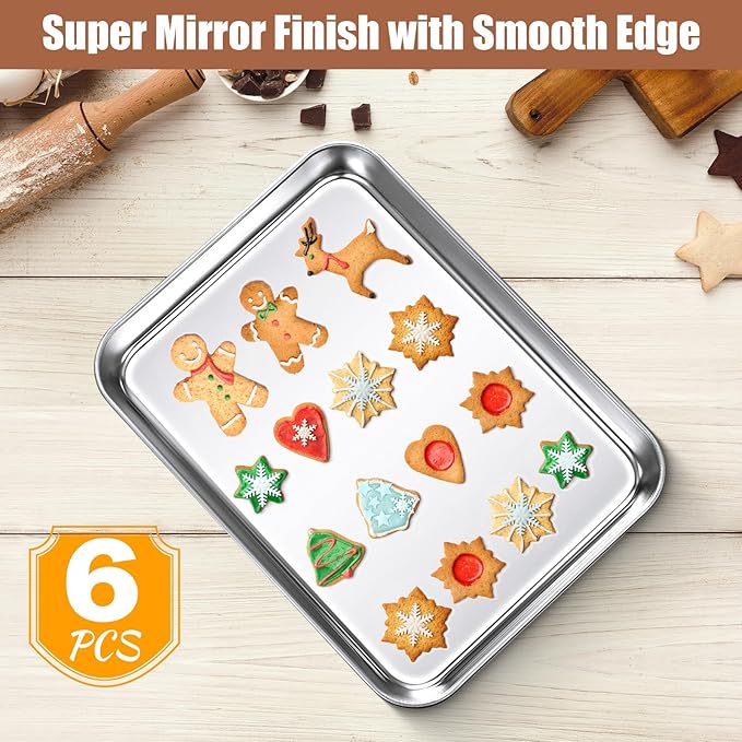 6 Pcs Baking Sheet Pan Set 9 x 6.7 x 1 inches Cookie Sheet Small Toaster Oven Pans Stainless Steel