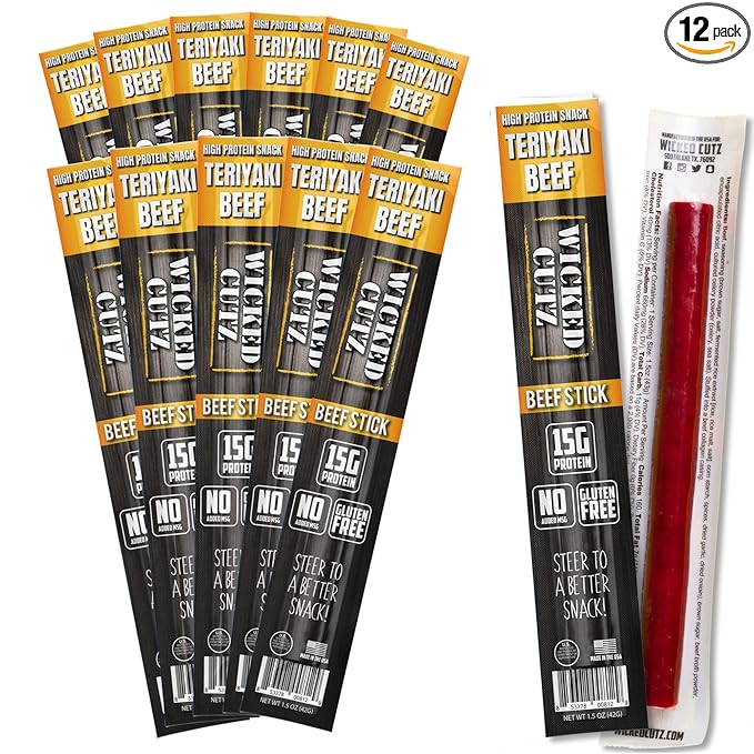 Wicked Cutz Teriyaki Beef Sticks, 15g Protein Per Beef Stick, Tender & Juicy Extra Large Meat