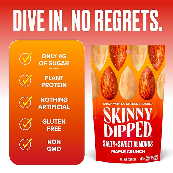 SkinnyDipped Salty + Sweet Maple Almond Crunch, Healthy Snack, Plant Protein, Gluten Free, 4 oz