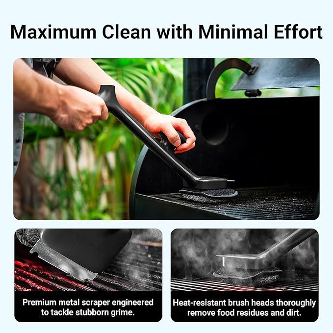 BBQ Grill Brush Bristle Free - 17" Safe Steam Grill Cleaner Brush with Scraper and 3 Brush Heads