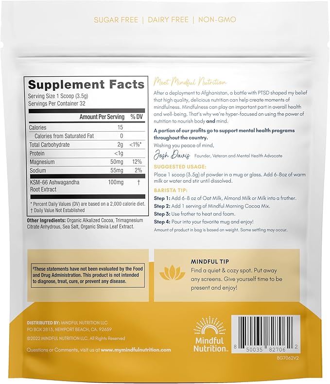 Mindful Morning Sugar Free Hot Chocolate Mix with Organic Ashwagandha and Magnesium Supplements to
