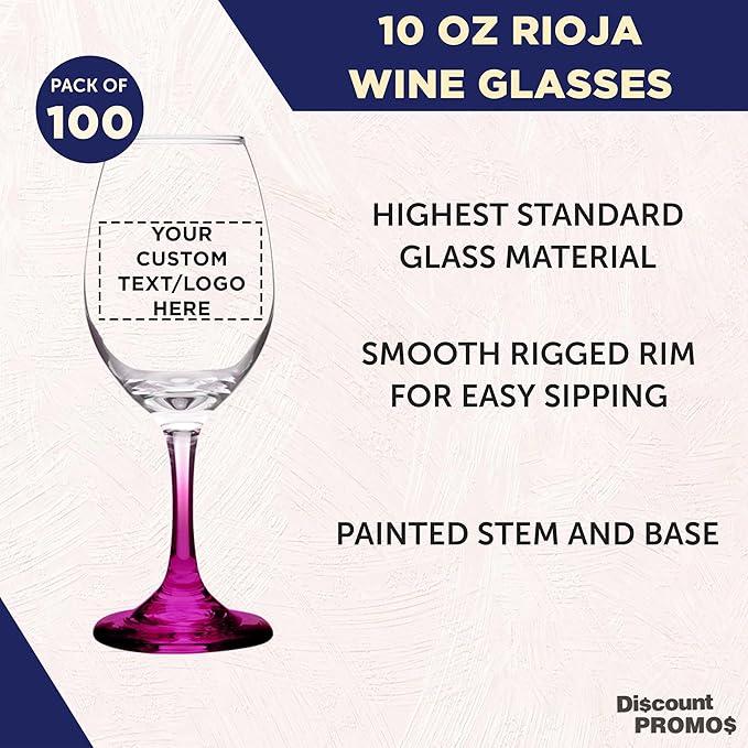 Custom Rioja Wine Glasses with Stem 10 oz. Set of 100, Personalized Bulk Pack - Color Bottom