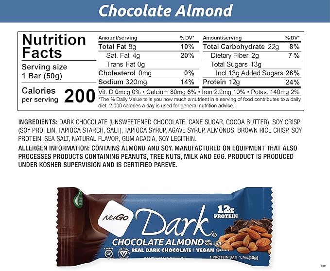 NuGo Dark Variety - Pretzel w/ Sea Salt 12 bars & New! Chocolate Almond w/ Sea Salt 12 bars, 12g
