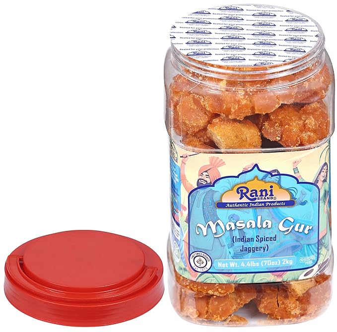 Rani Masala Gur (Jaggery) Indian Unrefined Raw Cane Sugar 70oz (4.4lbs) 2kg PET Jar ~ Gluten