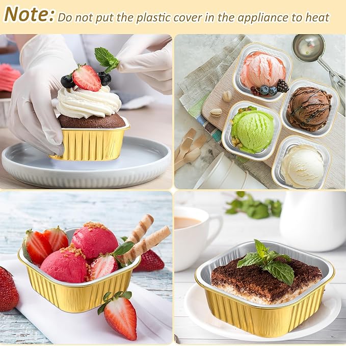 Aoriher 150 Pieces 10 oz Mini Cake Pans with Lids Aluminum Foil Baking Cups Square Disposable 4" x