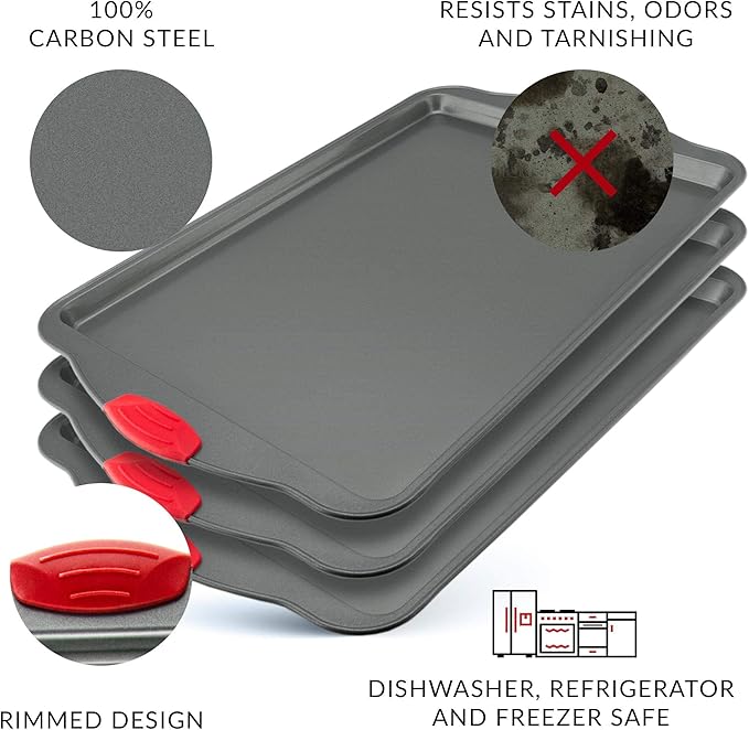 Premium Nonstick Baking Sheet Pans – Set of 3, Heavy-Gauge Carbon Steel, Warp, Dent, and