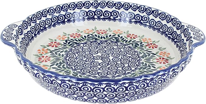 Blue Rose Polish Pottery - Blue Garden Bouquet Pie Plate with Handles - 9.75" Diameter - Ceramic