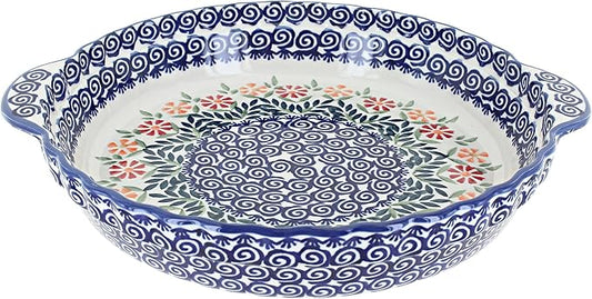 Blue Rose Polish Pottery - Blue Garden Bouquet Pie Plate with Handles - 9.75" Diameter - Ceramic