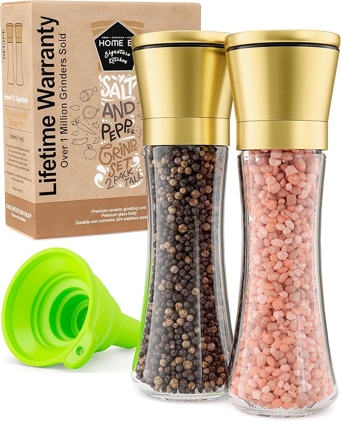 Home EC Original Gold Salt and Pepper Grinder Set of 2 - Adjustable Ceramic Grinder - Tall Glass