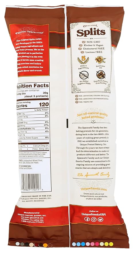 Unique Snacks Original Splits Pretzels, Delicious Homestyle Baked Snack Bag, OU Kosher, and Non-GMO