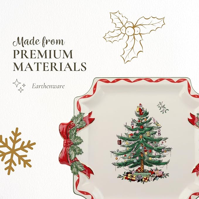 Spode Christmas Tree Ribbons Square Platter with Bow Handles - 11-Inch Holiday Serving Plate for