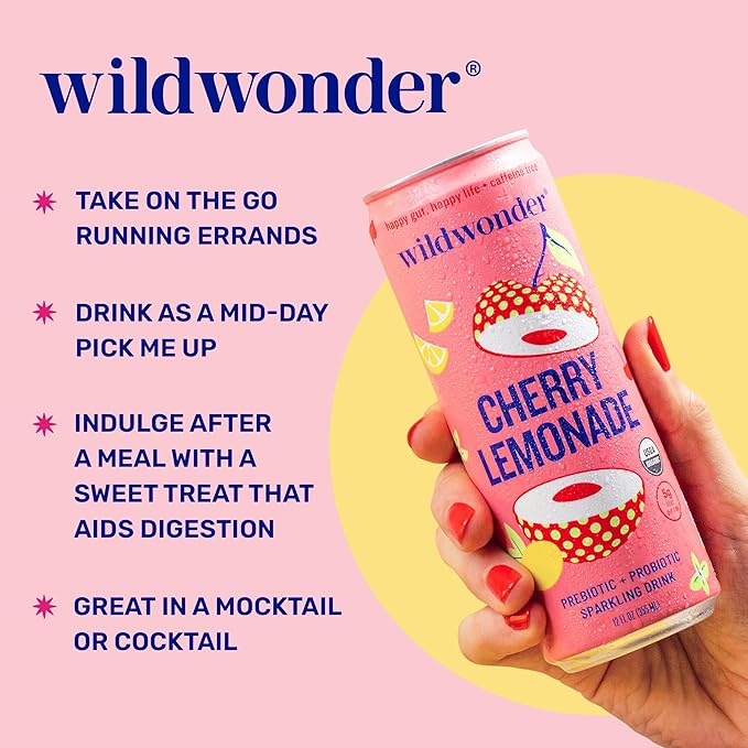 NEW! wildwonder Sparkling Probiotic Drink 12pk, For Gut Health & Immune Support, Cherry Lemonade