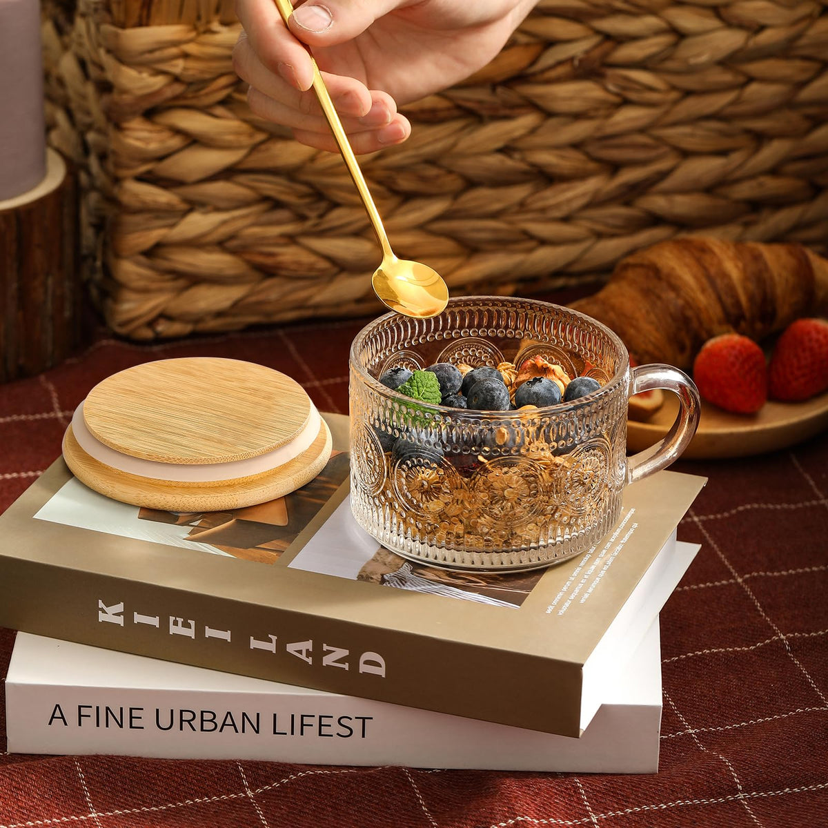 LANDNEOO 4pcs Set Vintage Coffee Mugs gifts for women, Overnight Oats Containers with Bamboo Lids