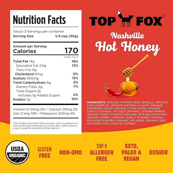 TOP FOX Snacks - Organic Pop-Roasted Pumpkin Seeds | Healthy Protein Snacks - Gluten Free - Keto