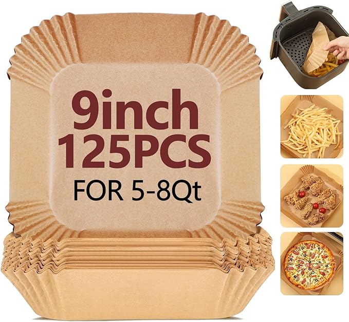 9 Inch Air Fryer Liners Disposable-125PCS Square Parchment Paper Liners,Heat Resistant &