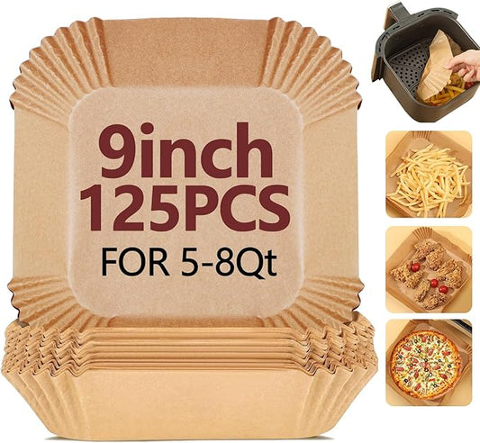 9 Inch Air Fryer Liners Disposable-125PCS Square Parchment Paper Liners,Heat Resistant &