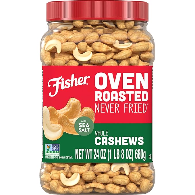 Fisher Oven Roasted Never Fried Whole Cashews, 24 Ounces (Pack of 1), Snacks for Adults, Made With