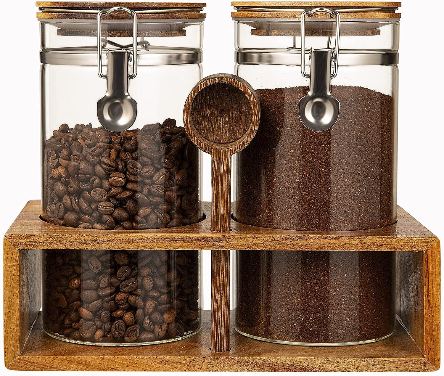 Yangbaga Airtight Glass Coffee Canisters – 45 oz, Set of 2 with Shelf